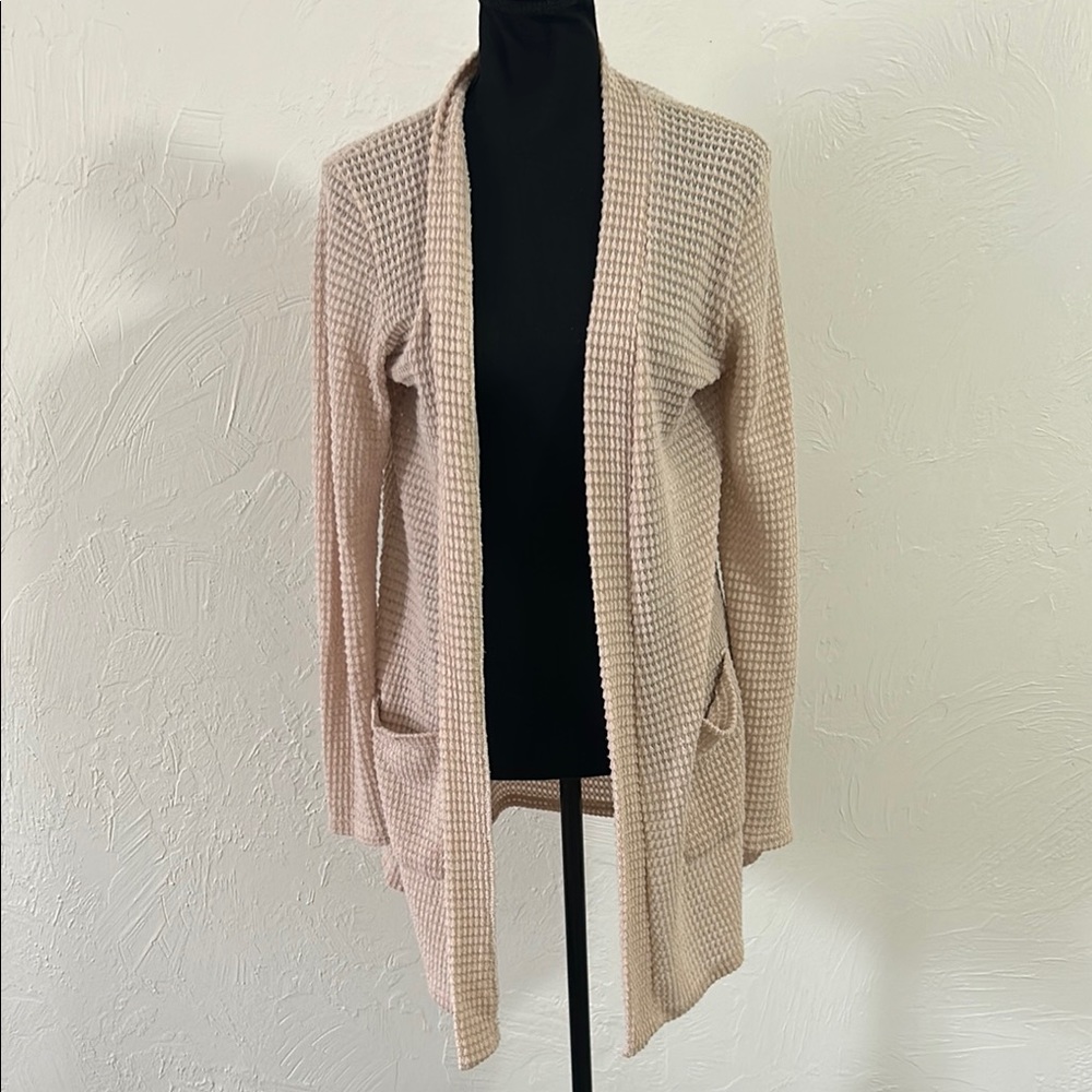 Cream Waffle Knit Open-Front Cardigan Sweater